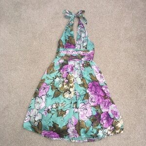 Adrianna Papell Mint Green and Purple Floral Halter Midi Dress